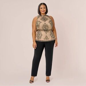Adrianna Papell Womens Brown Nude Tan Beaded Halter‎ Shirt Tank  Blouse Top 30W